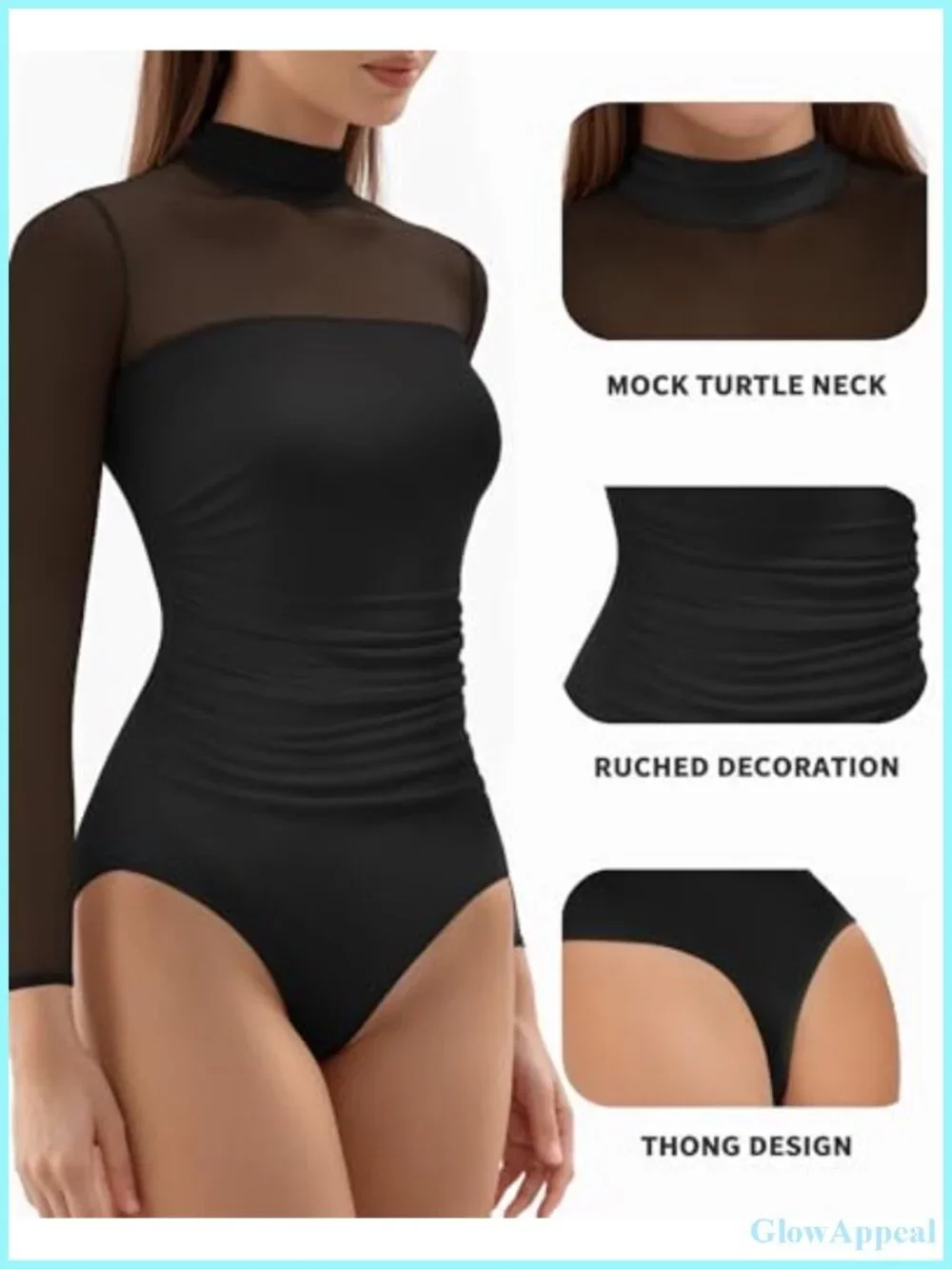 Mock Turtle Neck Sheer Mesh Bodysuit Long Sleeve Thong